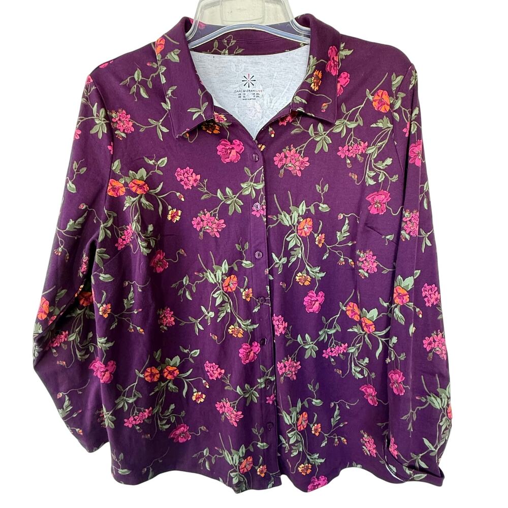 Isaac Mizrahi Eggplant Size 1X Knit Floral Buttondown soft blouse